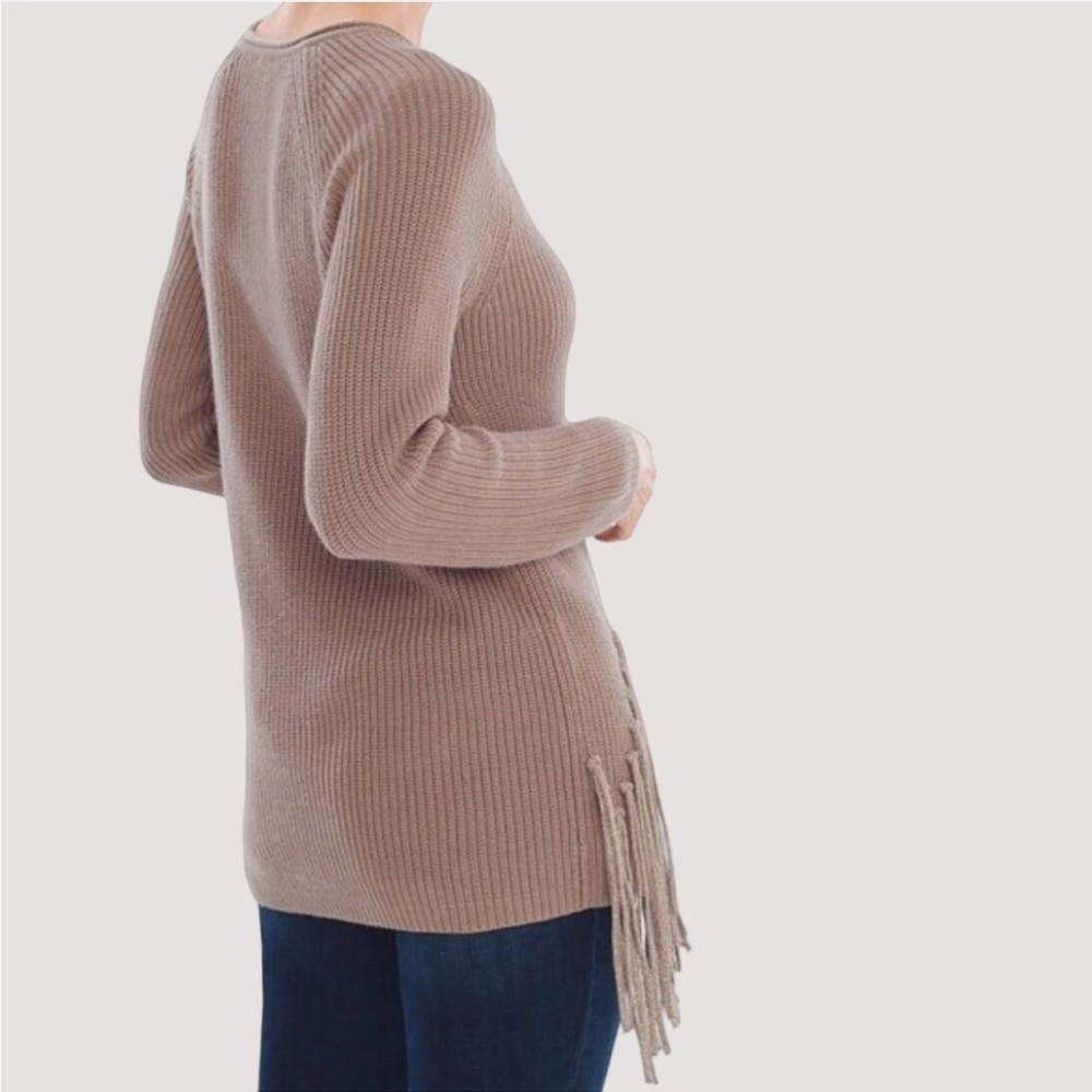 CHICO’S Drama Fringe Pull Over Sweater Taupe - Picture 2 of 12